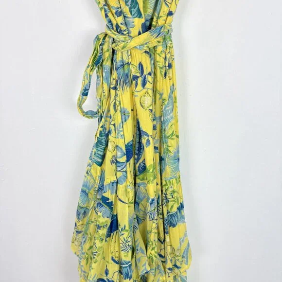 Banjanan Mercy Midi Dress Wrap Tropical Floral Bird Yellow Size Small S $370 EUC - Picture 13 of 16